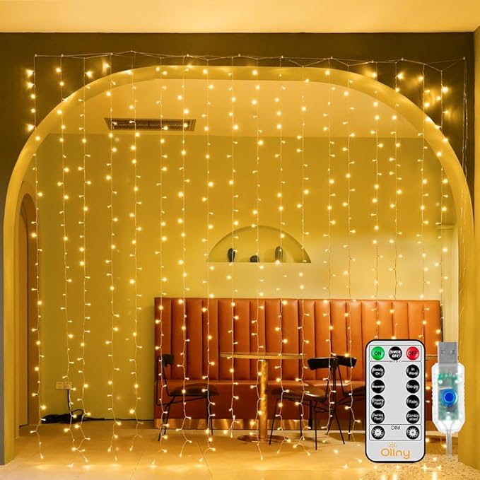 Ollny Christmas Curtain Lights 300 LED 9.8 FTx9.8 FT, Outdoor Waterproof Curtain String Lights with Remote Timer 8 Modes, ...