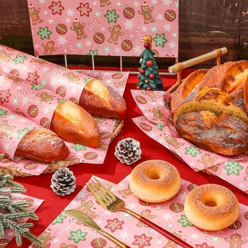 150Pcs Christmas Wax Paper Pink Gingerbread Man Snowflake Deli Paper Tissue Xmas Winter Sandwich Wrap Paper Oil-Proof Picnic Liners for Party Kitchen Supplies