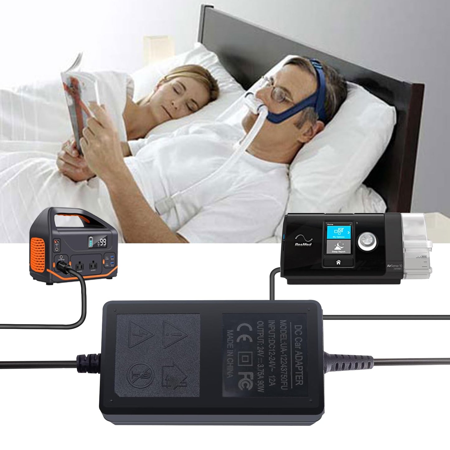 90W Car Charger Adapter for Resmed S10 Series CPAP ResMed Airsense 10 S10 AirCurve 10 Series Resmed S10 370001 37297 Rockpals 300W/500W Vehicle Power Supply
