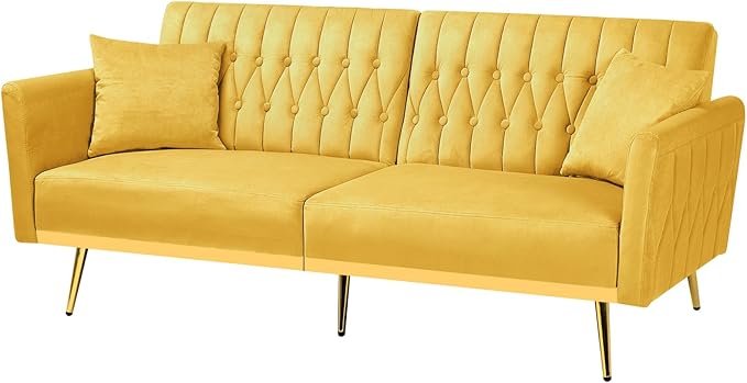 ACMEASE 70” Velvet Futon Sofa Bed w/Adjustable Armrests & 2 Pillows, Convertible Futon Couch w/Adjustable Backrests, Modern Sleeper Bed for Living Room, Bedroom, Yellow