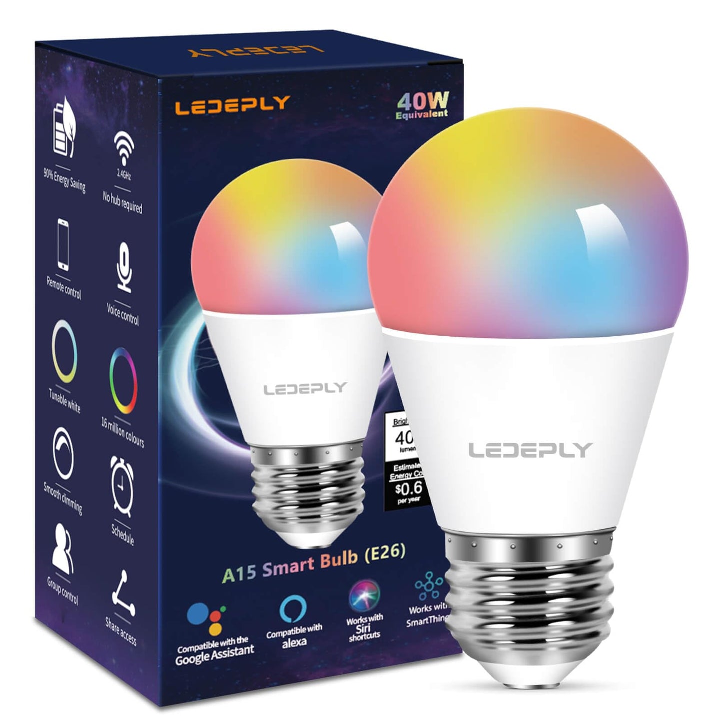 5W=40W, A15 Smart Bulb, Compatible with Alexa, Google Home, E26, Color Changing, Dimmable LED WiFi Light Bulbs, No Hub Required, 2.4GHZ WiFi Only, 400lm, 1 Pack