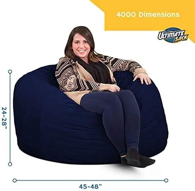 Ultimate Sack 4000 4-Foot Bean Bag Chair, Navy Suede Cover – Oversized Foam Lounger, Floor Seat, Small Sofa, or Couch Bed for Living Area, Gaming Room, or Reading Lounge