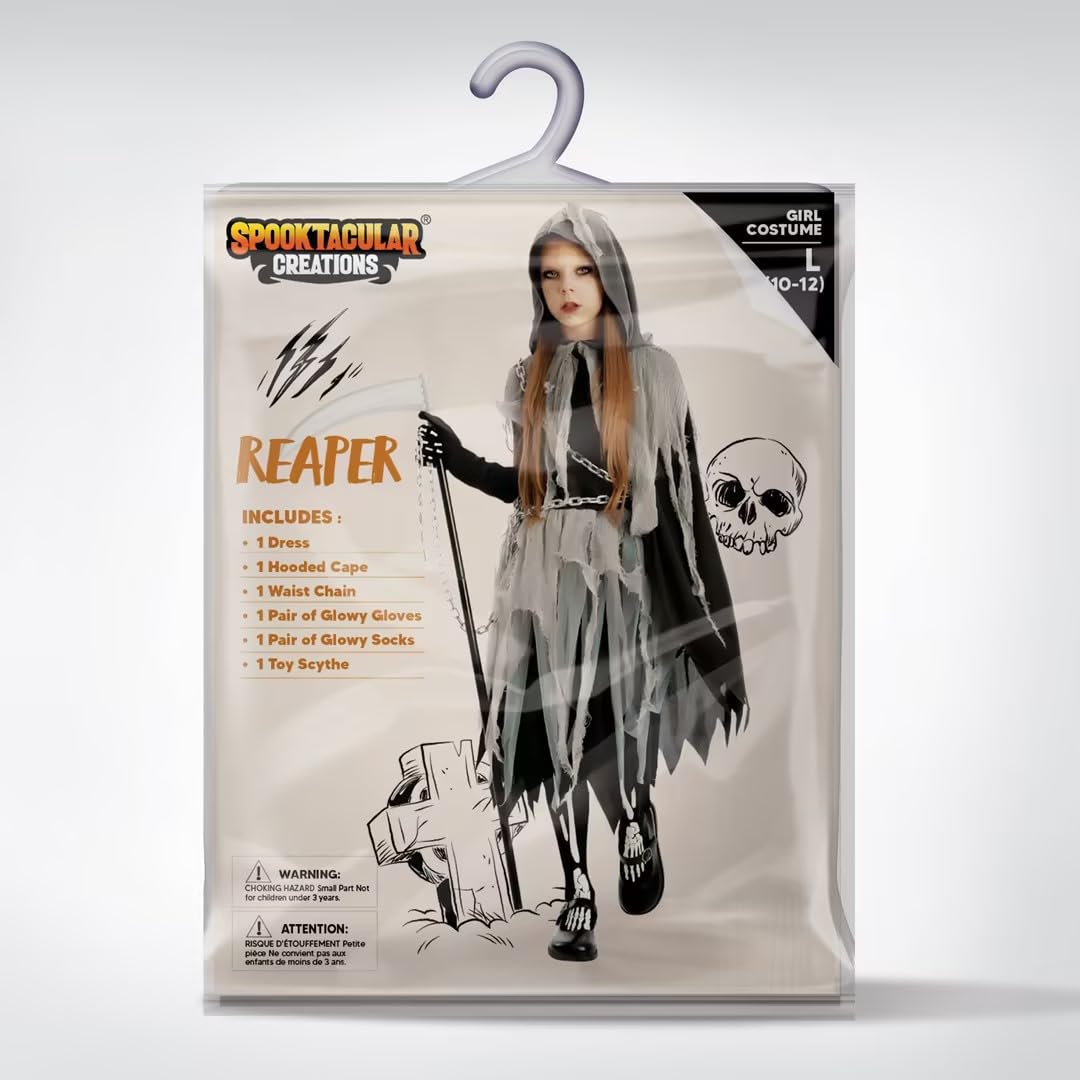 Spooktacular Creations Girl Grim Reaper Costume with Gloves and Tights Glow in the Dark, Scary Halloween Costume for Dress Up Party-M(8-10yr)