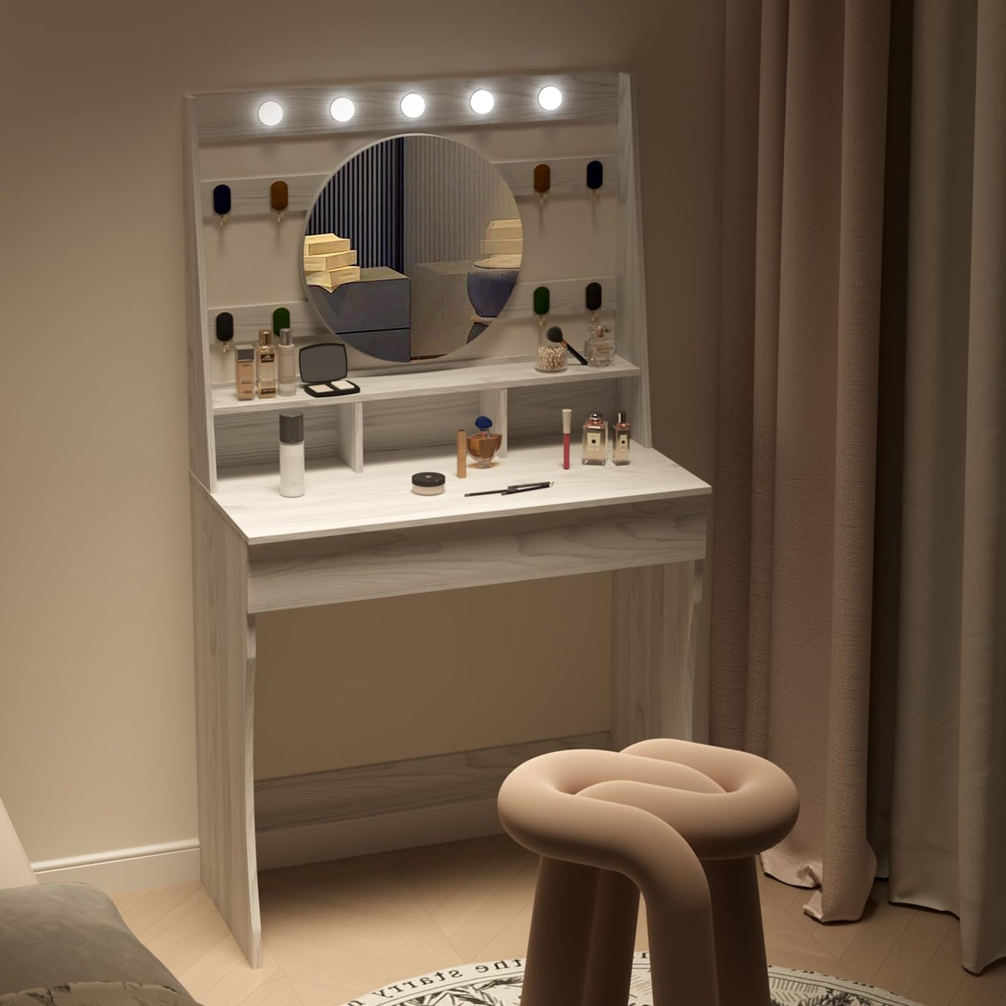 HedoAjim Vanity Desk with Lights, Makeup Table with Mirror, Dressing Table with 5 Hollywood Bulbs, 3 Adjustable Lighting Colors, Small Vanity Desk for Bedroom (Wood Grain)
