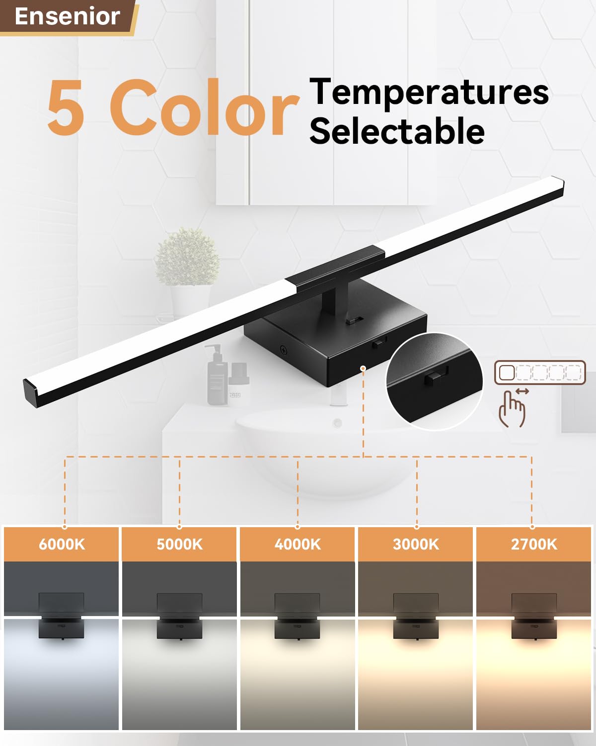 Ensenior Modern Bathroom Vanity Light 24 inch, Built-in Dimmer, 14W Dimmable 5CCT Led Bath Lights, Black Bar Vanity Light for Bathroom Mirror Cabinets Bedroom-FCC & ETL Certificated