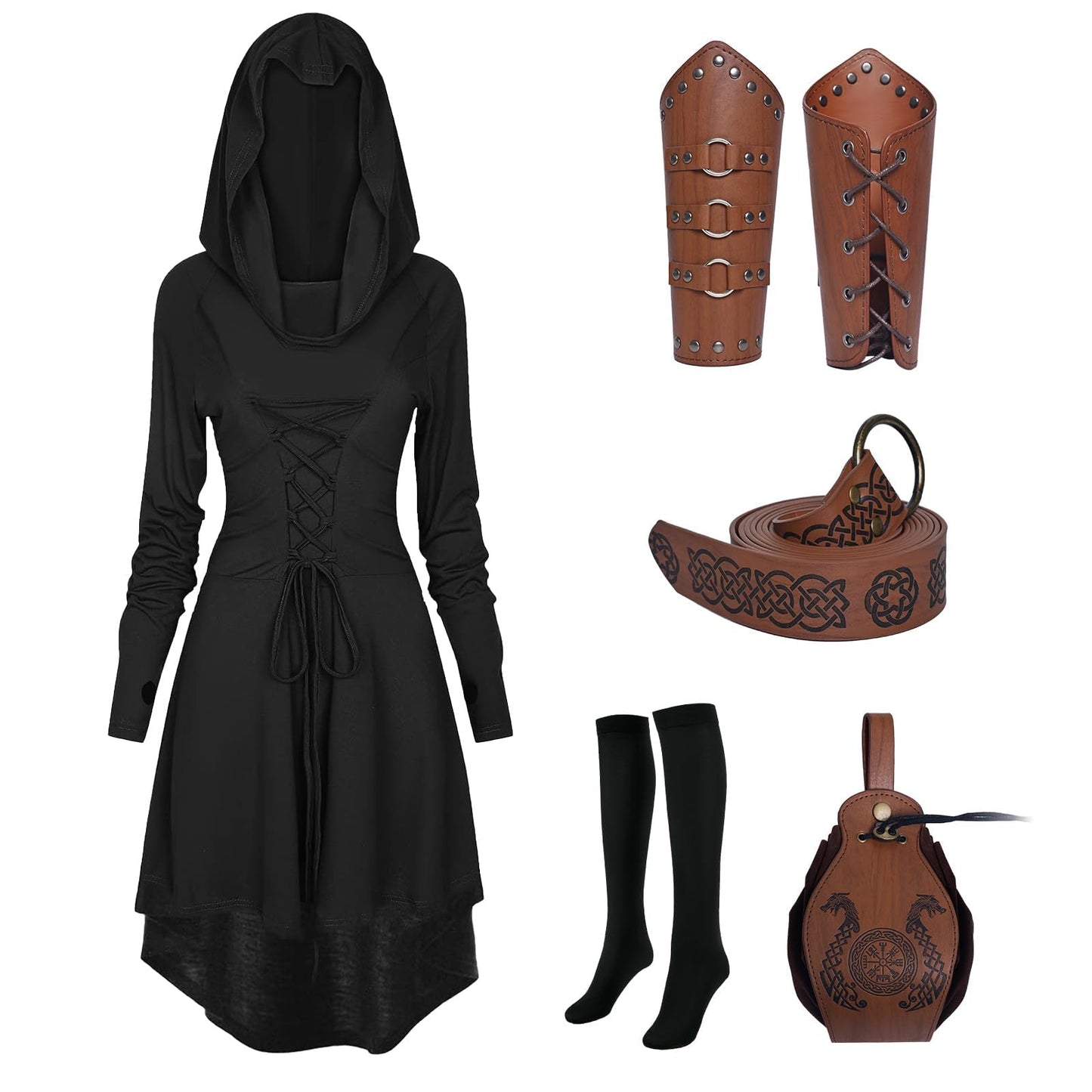 FSUJWOA 5 Pcs Renaissance Women Costume Medieval Hooded skirt Vintage Arm Guard Printed Belt and Waist bag (Black, Large)