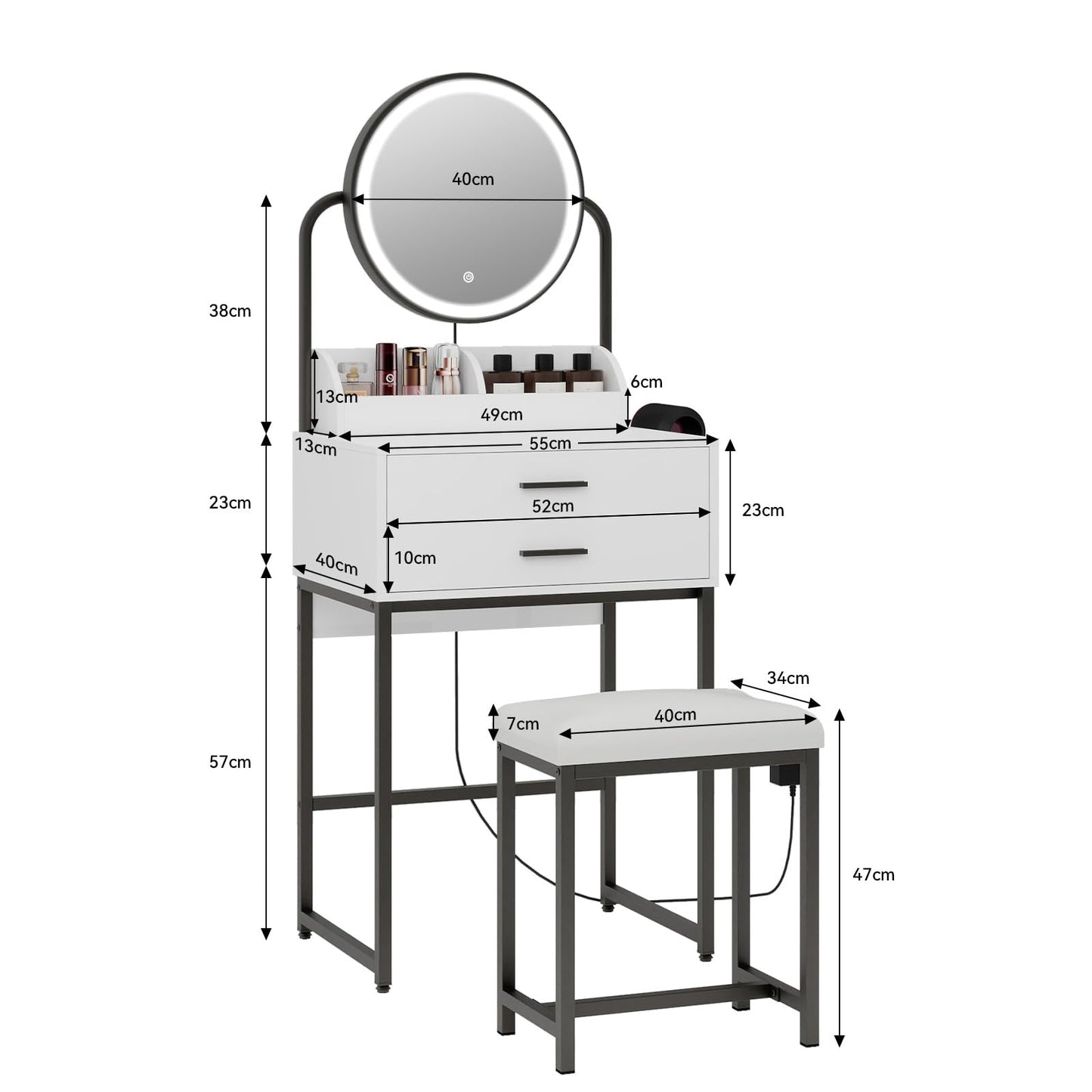 ARTETHYS Small Vanity Desk with Mirror and Lights Compact Makeup Vanity Set with Drawers for Bedroom Mini White Modern Dressing Table with Stool
