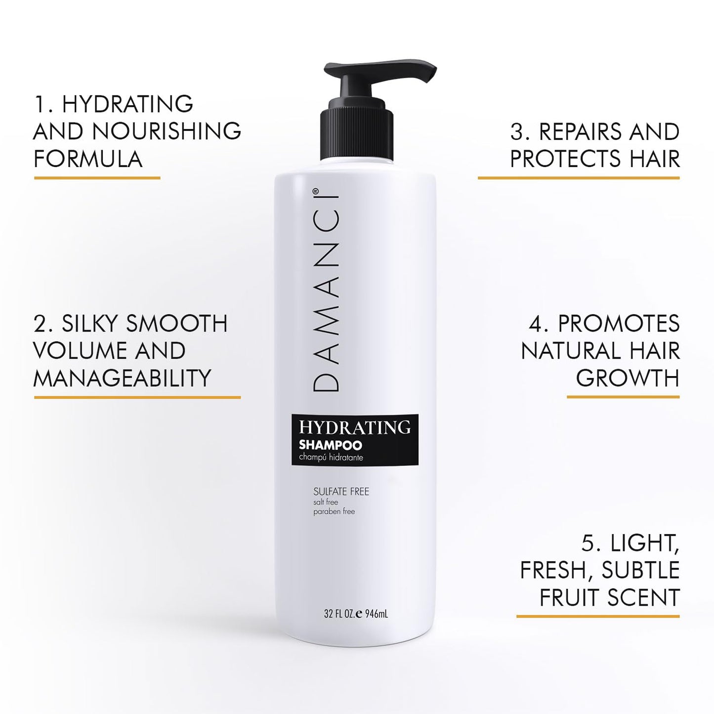 DAMANCI Hydrating Salt Free Shampoo, Sulfate and Paraben Free, Keratin Shampoo Restore Hair and Remove Frizz, with Collagen, Oli