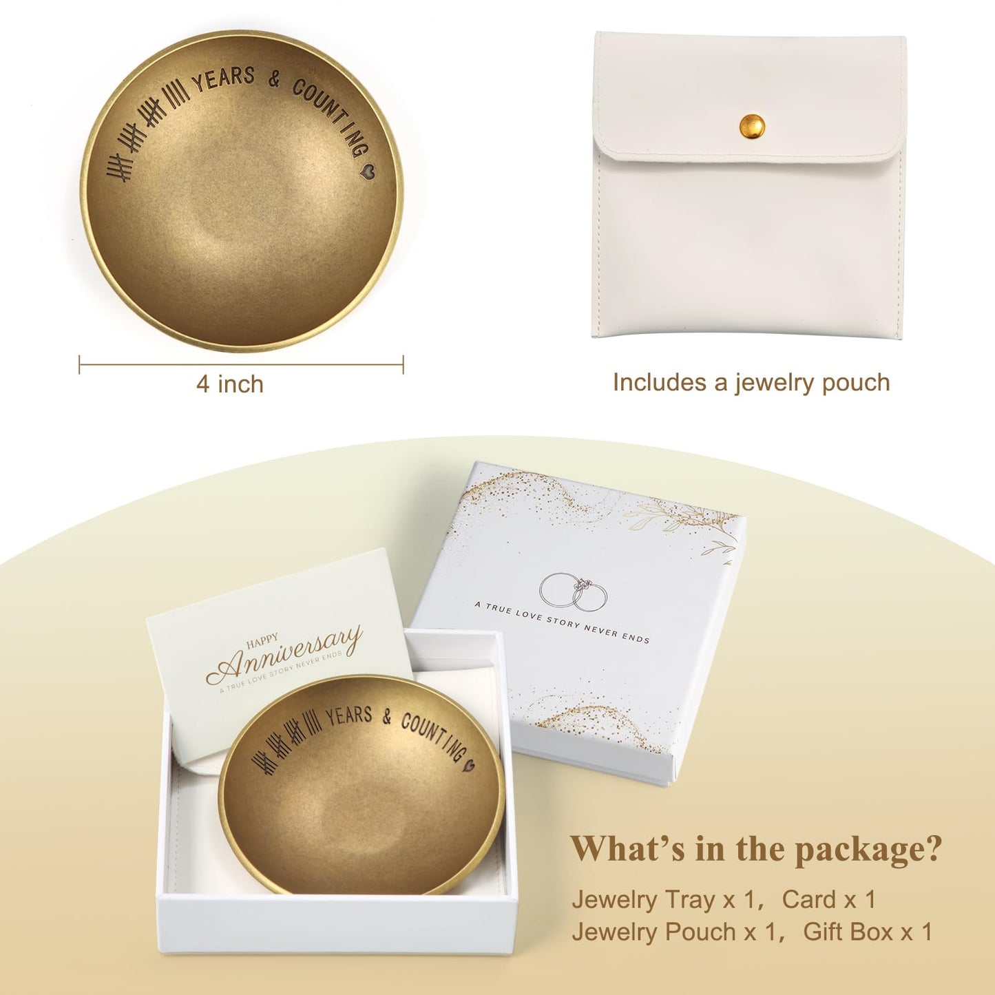 Urllinz Bronze Gifts for 19th Anniversary Jewelry Tray - Bronze Ring Holder Dish & Card & Box, 19 Year Wedding Gifts for Him Wife Her Couple, 4"