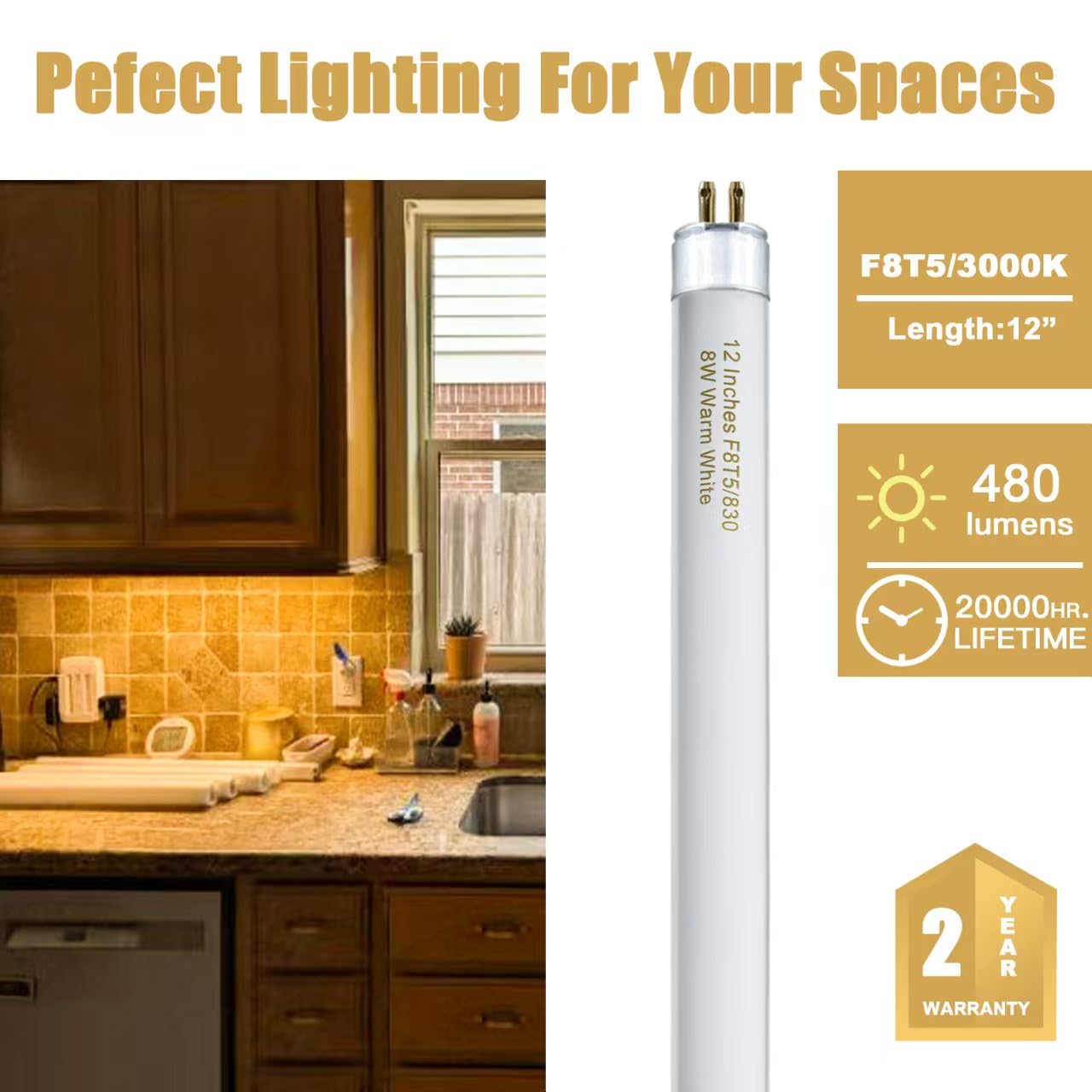 Konideke 8 Pack F8T5/WW Fluorescent Bulbs Warm White, 12 inch Under Cabinet Light Bulb, T5 8 Watt Fluorescent Tube Soft White, G5 Mini Bi 460 Lumens No Dimmable