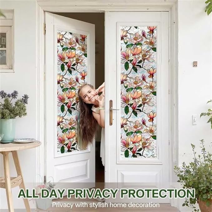 Floral Window Privacy Films, Stained Glass Rainbow Window Sticker Decor, UV Blocking Removable Static Cling Film for Bathroom Living Room Bedroom Sunroof, 17 x 39.37 Inch
