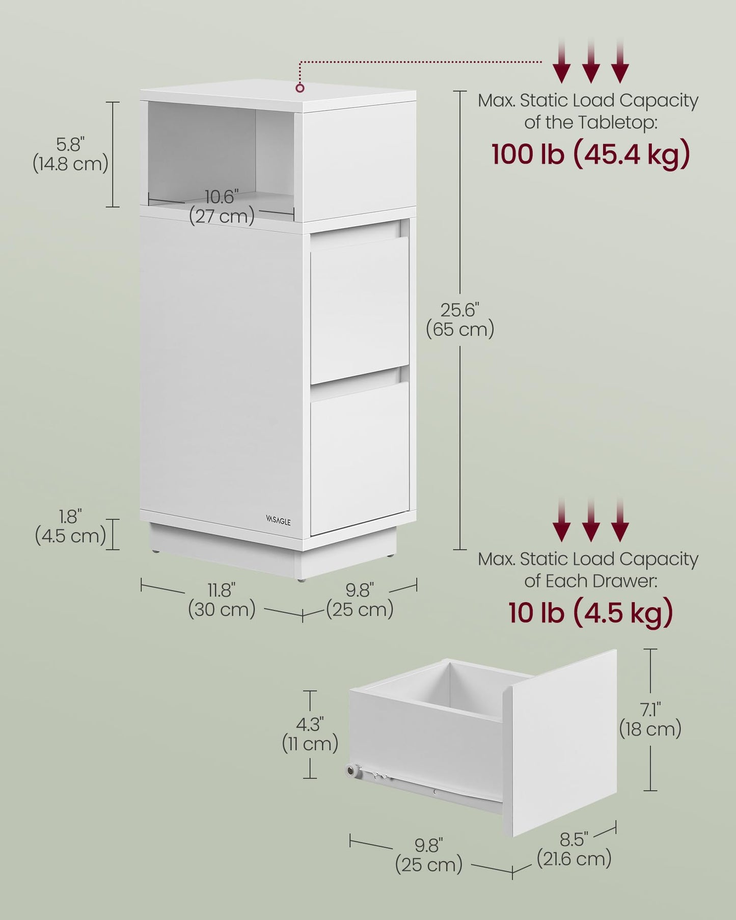 VASAGLE KAILYN Collection - Slim Bedside Tables, Set of 2 Small Narrow Side End Tables with Drawers, Flexible Open Compartment, for Bedroom, Living Room, Cloud White LET856W01
