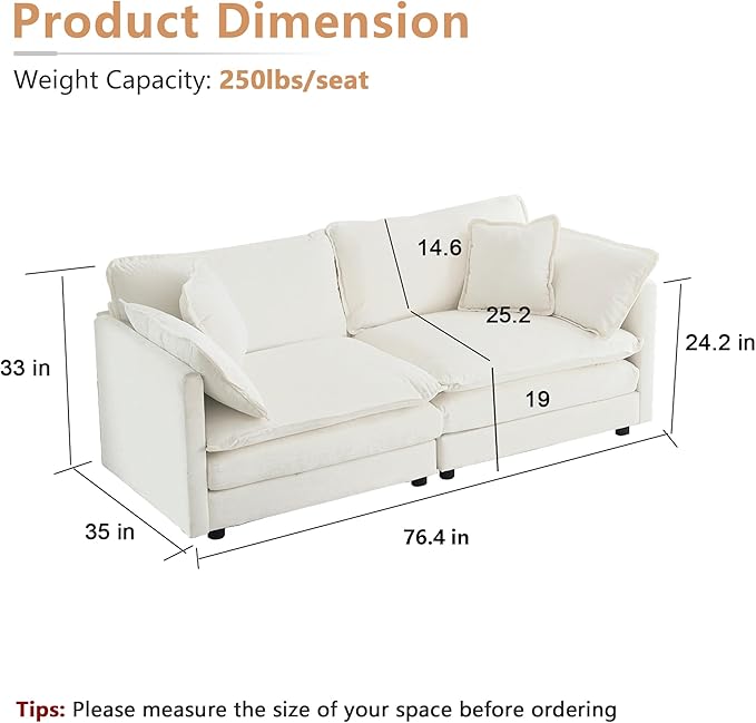 mikibama Luxury Loveseat Sofa Couch, 76" Modern Chenille Deep 2-Seater Cloud Couch with 2 Armrest Pillows and 2 Toss Pillows, Love Seat for Living Room Bedroom Office Apartment, Beige