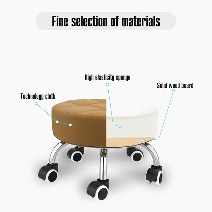 Kaleurrier Low Height Rolling Stool - Heavy Duty Short Stool Chair with Wheels Low to Ground - Small Roller Seat Stools for Home Office Kitchen Repair Shop Mechanic Pedicure Garage Library Camel