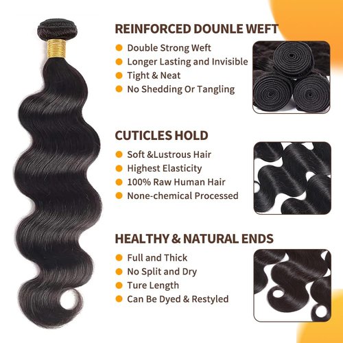 12A Body Wave Bundles 100% Unprocessed Brazilian Virgin Hair 18-22Inch 3 Bundles Double Weft Weave Real Human Hair Natural Black