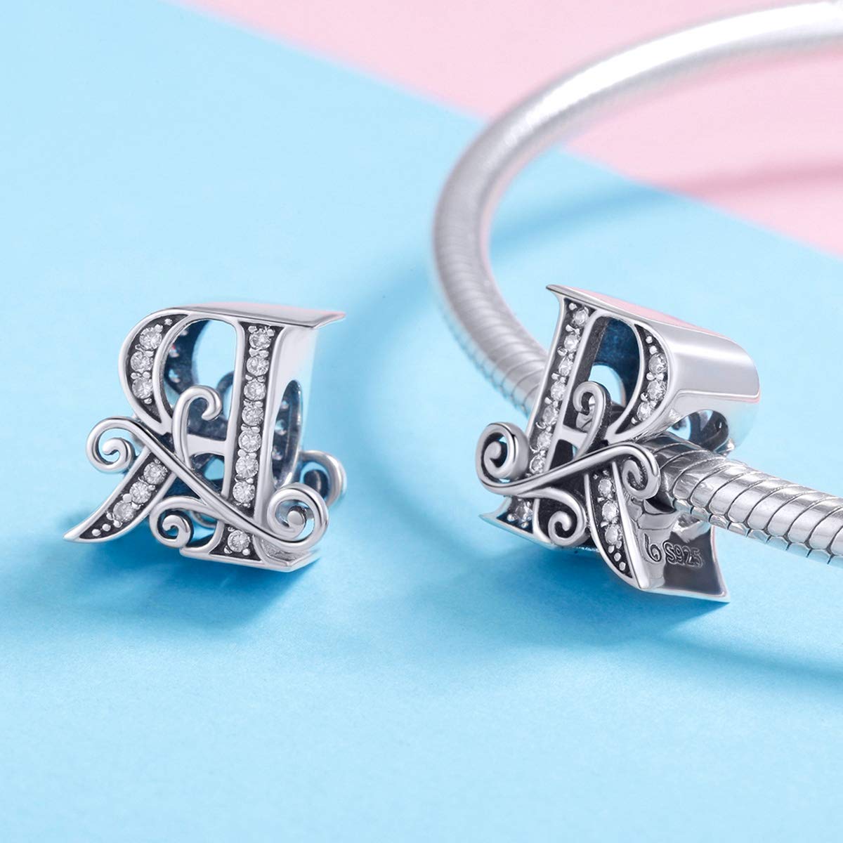 BISAER 925 Sterling Silver Initial Letter R Charms for Bracelets Alphabet Beads Charm Jewelry Gifts