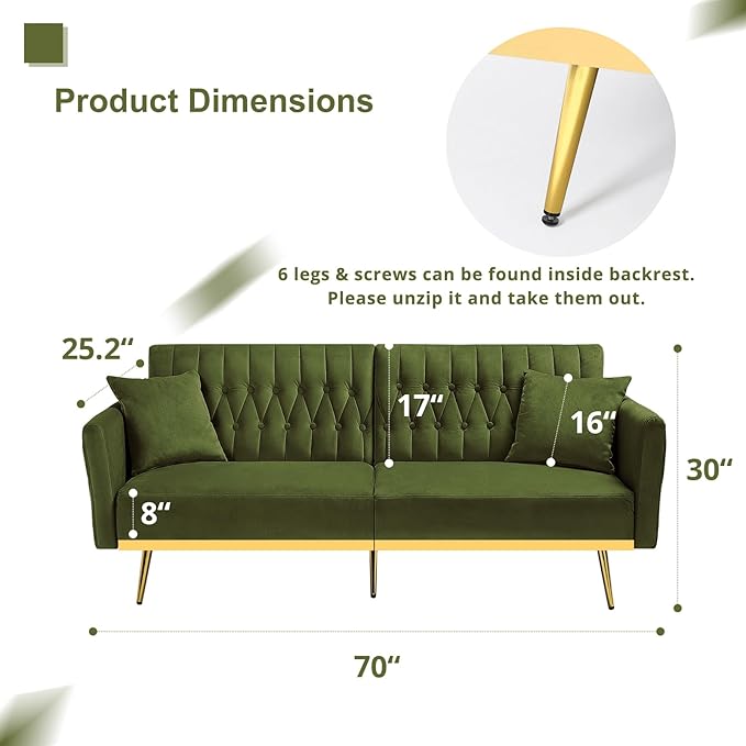 ACMEASE 70” Velvet Futon Sofa Bed w/Adjustable Armrests & 2 Pillows, Convertible Futon Couch w/Adjustable Backrests, Modern Sleeper Bed for Living Room, Bedroom, Olive Green