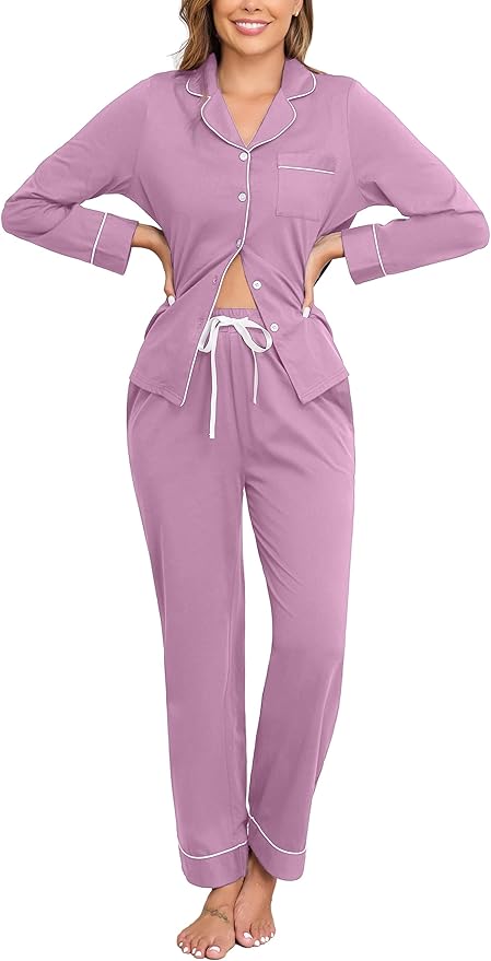 Veseacky 100% Cotton Pajamas for Women Set Long Sleeve Button Down Sleepwear Soft Pjs Lounge Sets with Pockets XS-XXL