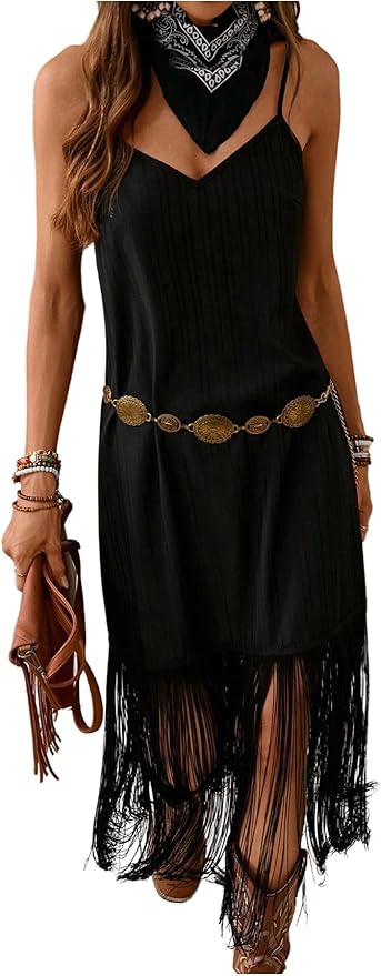 Verdusa Women's Western Fringe Dress Vintage Deep V Neck Maxi Cowgirl Dresses