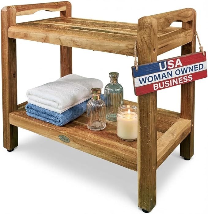 EcoDecors Eleganto 24 Inch Natural Color Waterproof Teak Wood Shower Bench Stool Seat Chair For Inside Shower Provides Safety, Storage, and Organization For Bathroom Accessories