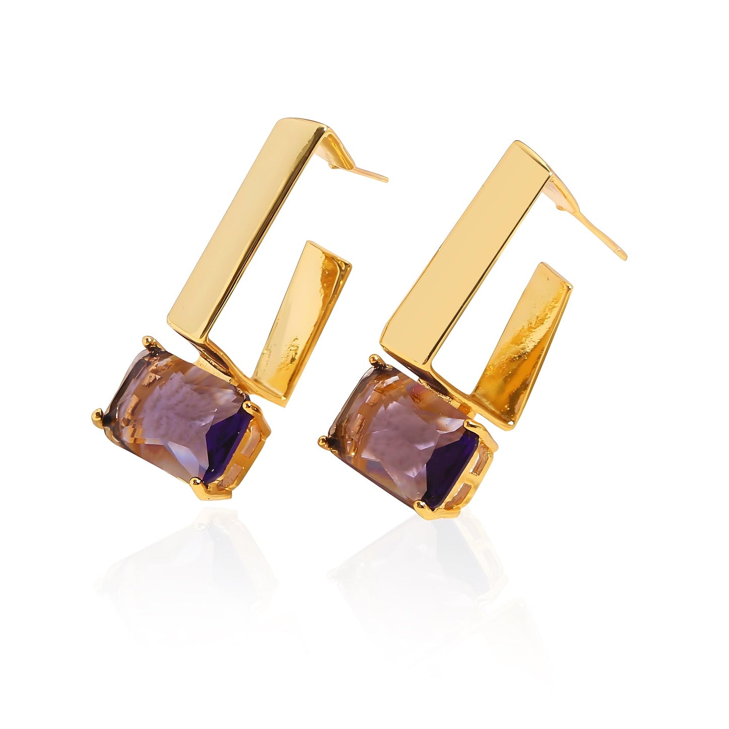 Atzeste 2025 Gold Earrings for Women, 18K Gold Plated Dangle Earrings for Women Unique Design, Trendy Purple Square Glass Drop Earrings for Fashion Jewelry Gifts