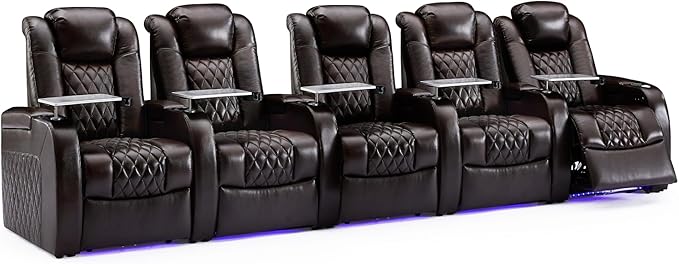 Weilianda Home Theater Seating Top Grain Leather Zero Gravity Recliner Chair Power Headrest Recline Movie Seat Gaming 7 Colors Mood Light Sofa with Tray Table USB Charge Row of 5 Brown