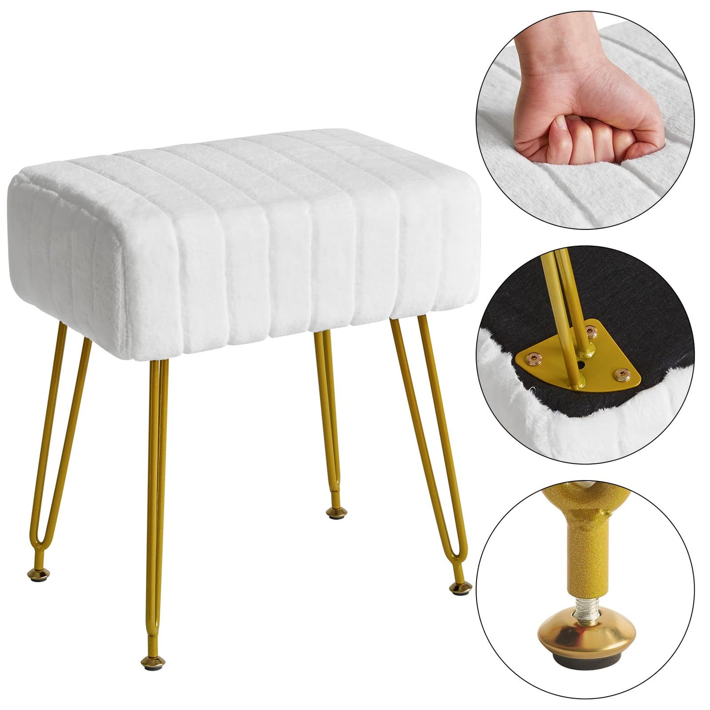 IBUYKE Velvet Rectangular Footrest Stool Ottoman, Makeup Vanity Stool Side Table, Velvet Dressing Table Seat, Pouf Couch Stool, Golden Steel Legs, White LG-51W