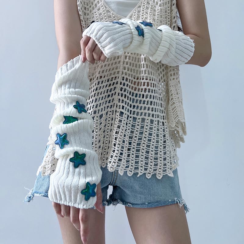POHADON Women's Y2k Knit Arm Warmers Long Fingerless Mitten Thumb Hole Cute Star Gloves Japanese Harajuku Accessories (One Size,White)