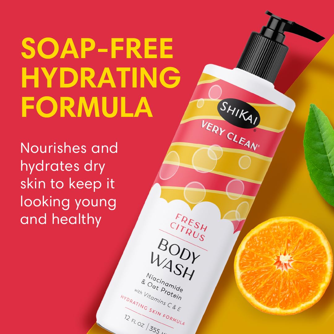 ShiKai Very Clean Body Wash (Fresh Citrus, 12 oz) | Hydrating Gel Cleanser for Dry Skin | With Niacinamide, Oat Protein, Vitamin