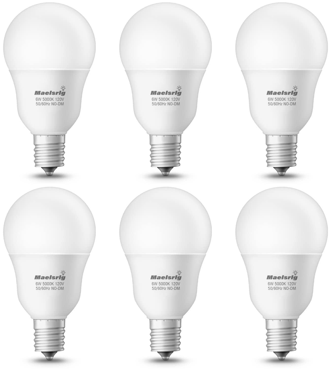 Maelsrlg E17 Intermediate Base LED Bulb, 6W (60 Watt Equivalent) G14 Globe Ceiling Fan Light Bulbs, Daylight White 5000K, 600 Lumens, Non-Dimmable, Pack of 6