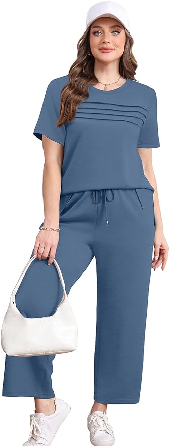 WIHOLL Two Piece Sets for Women Summer Travel Vacation Outfits Short Sleeve Lounge Sets Side Slit Wide Leg Pants S-3XL