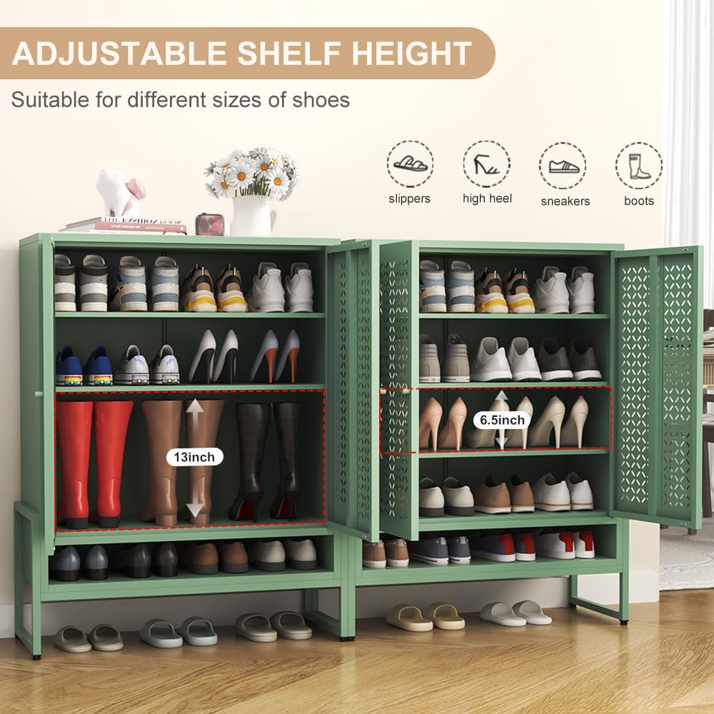Metal Shoe Storage Cabinet for Entryway with Doors & 3 Shelves,Modern Shoe Cabinet Free Standing Shoe Organizer with Adjustable Legs for Hallway,Living Room,Foyer (Openwork Door Panel, Green)