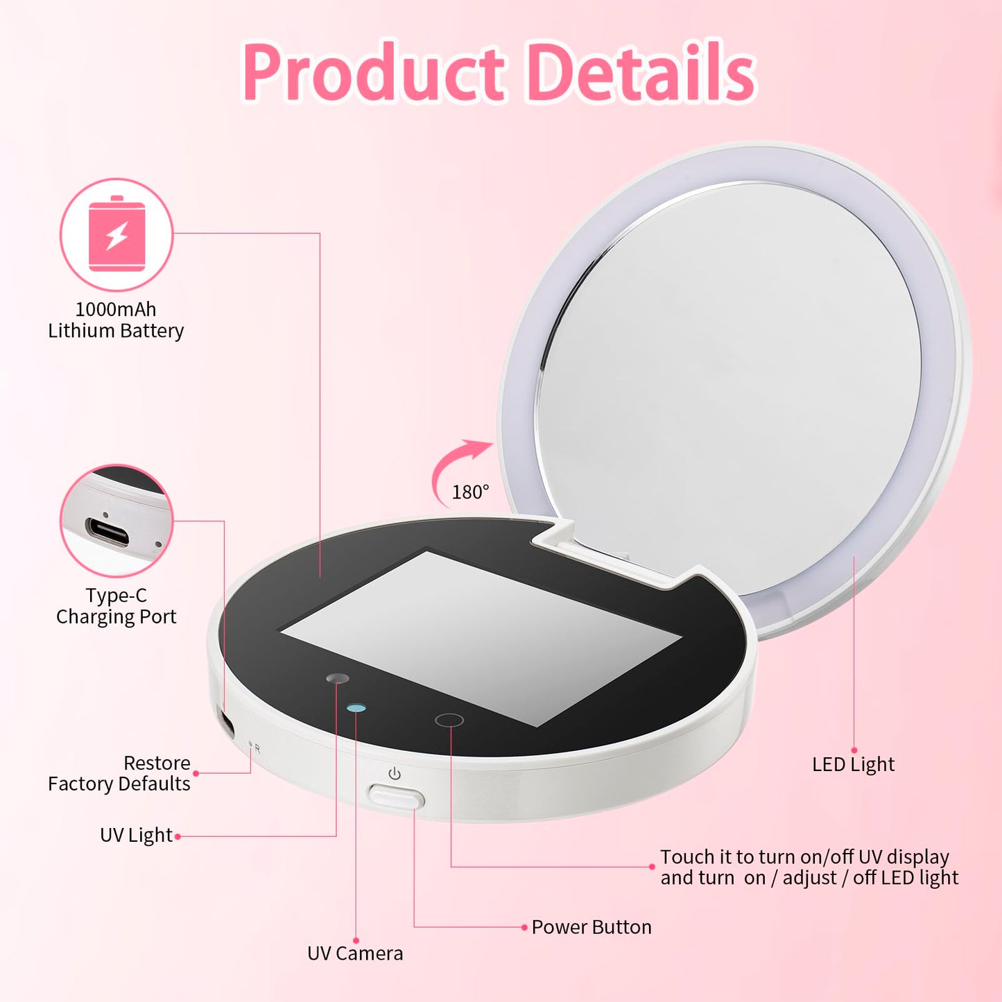 DESCHEN Rechargeable Travel Compact Smart UV Camera UV Mirror for Sunscreen Test, 2X Makeup Mirror with Lights and Magnification