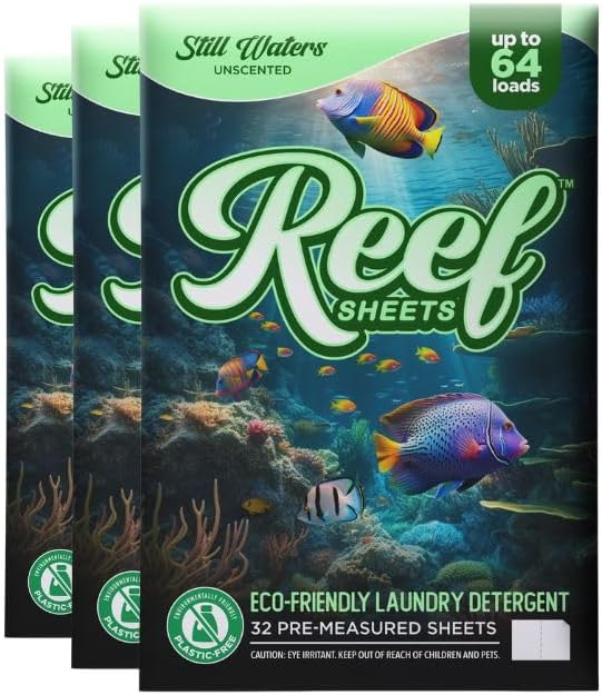Reef Sheets Laundry Detergent Sheets, 192 loads, Hypoallergenic & Plastic-Free Eco-Friendly Packaging, Gentle on Skin, Tough on Stains, Travel-Friendly, Fragrance Free, 32ct (3 Pack)