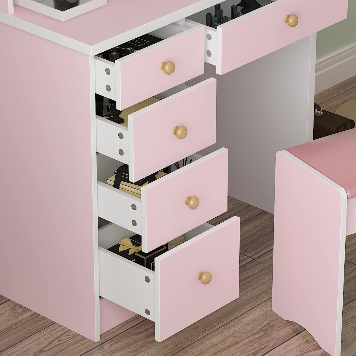 FUFU&GAGA Pink Vanity Set with Round Lighted Mirror, Makeup Vanity Dressing Table with 5 Drawers, Shelves, Dresser Desk and Cushioned Stool