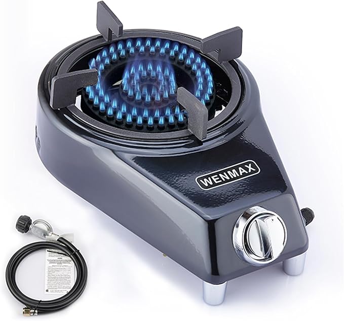 WENMAX Single Burner Propane Stove, Portable Gas Stove with Propane Adapter Hose, High Heat Value 15000 BTU, Smart Valve P...