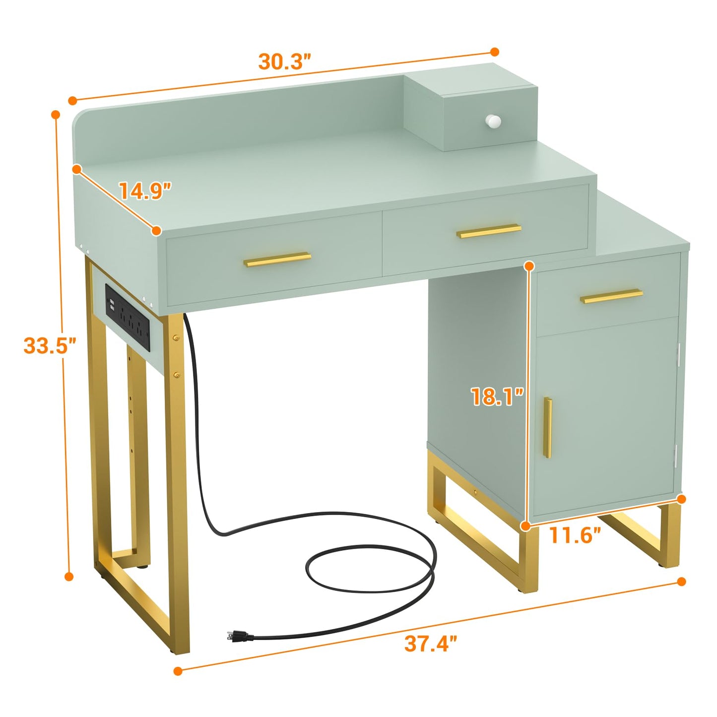 Vanity Desk with 4 Storage Drawers - Modern Makeup Vanity Table with Charging Station, Cyan Vanity Desk with Reversible Cabinet Dressing Table Set with Divided Organizers for Women Girls, Cyan & Gold