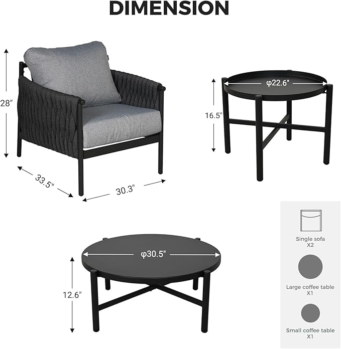 Grand patio 4-Piece Outdoor Furniture Set, Outdoor Sofa Set with 2 Round Side Tables, Modern Metal Patio Couch with 6-inch Thick Waterproof Cushions for Porch Deck Backyard, Grey