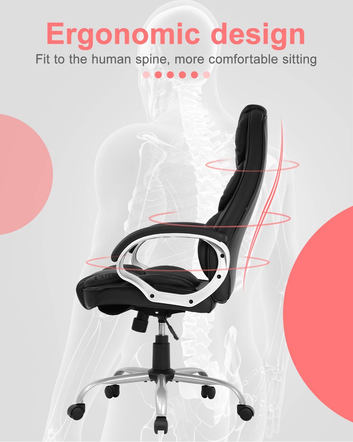 Ergonomic Office Chair,Computer Desk Chair High Back PU Leather Executive Rolling Task Adjustable Chair with Lumbar Support Headrest Armrest Swivel Chair, Black