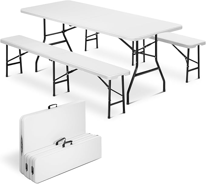 SAVWAY 6 Feet Picnic Table Set with 2 Benches, 6ft Folding Camping Table Chair Set for Indoor Outdoor Use, 3-Piece 6 ft Po...