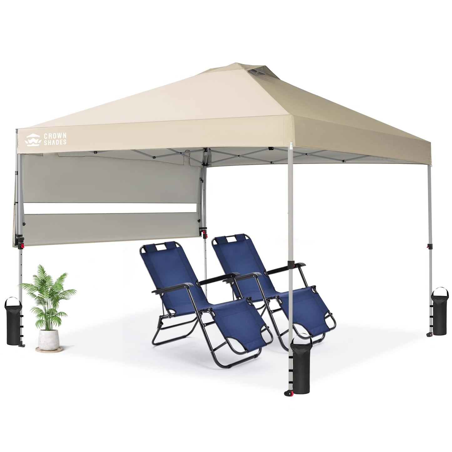CROWN SHADES 10x10 Pop up Canopy Tent, Instant Commercial Canopy with Extend Awning, Patended Centerlock, 150D Silver Coated Fabric, 4 Ropes, 8 Stakes, 4 Weight Bags, STO 'N Go Bag, Khaki