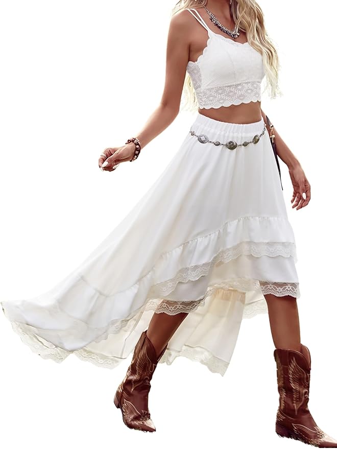 Verdusa Women's Western Boho Lace Ruffle Skirt Asymmetrical Country Cowgirl Skirts