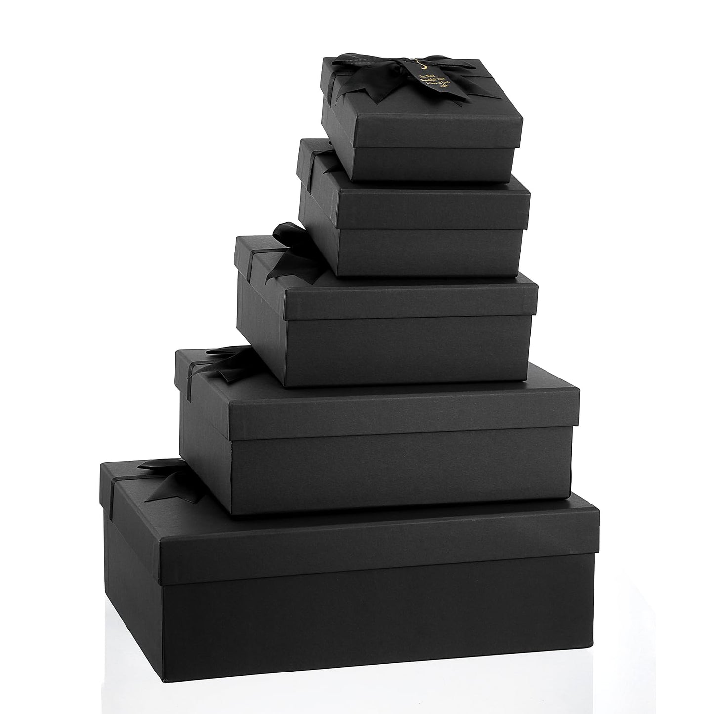 5 Pack Black Nested Gift Boxes with Lid for Valentine's Presents, 5 Sizes Luxury Packaging Box with Ribbon Bows and Label Gift Wrap for Thanksgiving Birthday, Weddings, Mother's Day 13.7'' to 5.1''