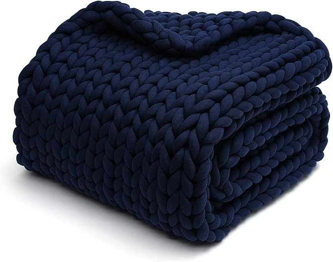 YnM Weighted Blanket, Handmade Chunky Knitted Design, Soft and Cozy, Temperature Regulating and Breathable, Machine Washable Throw for Sleep or Home Decor (Prussian Blue, 50x60 Inch, 10lbs)