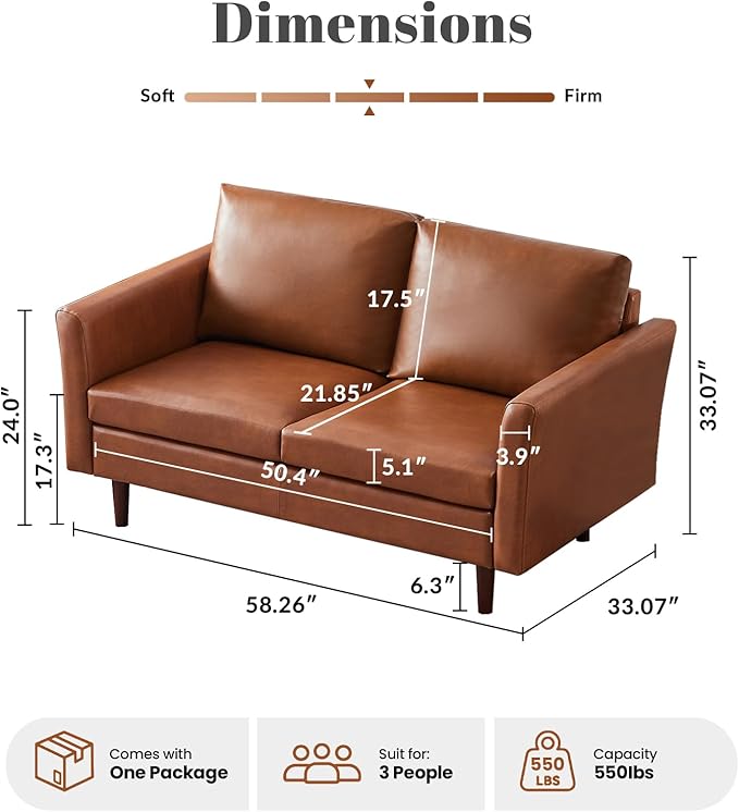 Kingfun Faux Leather 2 Seat Couch for Living Room, Mid Century Modern Sofa with Rolled Arms and Deep Seats, Fluffy Comfort for Apartment, Easy to Assemble, Chestnut