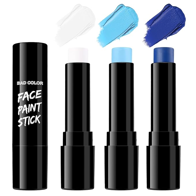 BADCOLOR 3PCS Blue White Light Blue Face Body Paint Stick Makeup for Sally/Corpse Bride SFX Cosplay & Dress Up, Full-Coverage Halloween Facepaint Makeup Kit