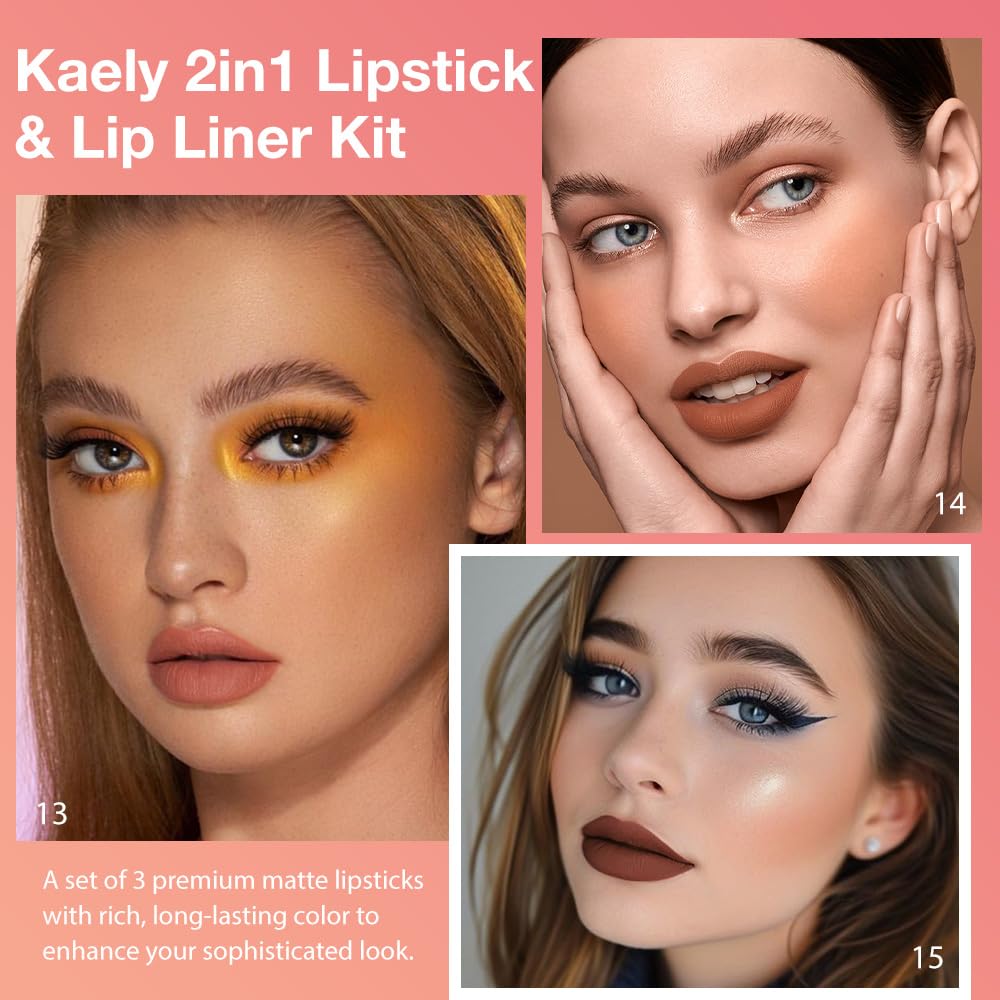 Kaely 3Pcs Gradient Matte Lipstick Lip Liner Pencil Set for Women, 2in1 Flawless Contour Gradual Ombre Effect Lip Pencil Makeup