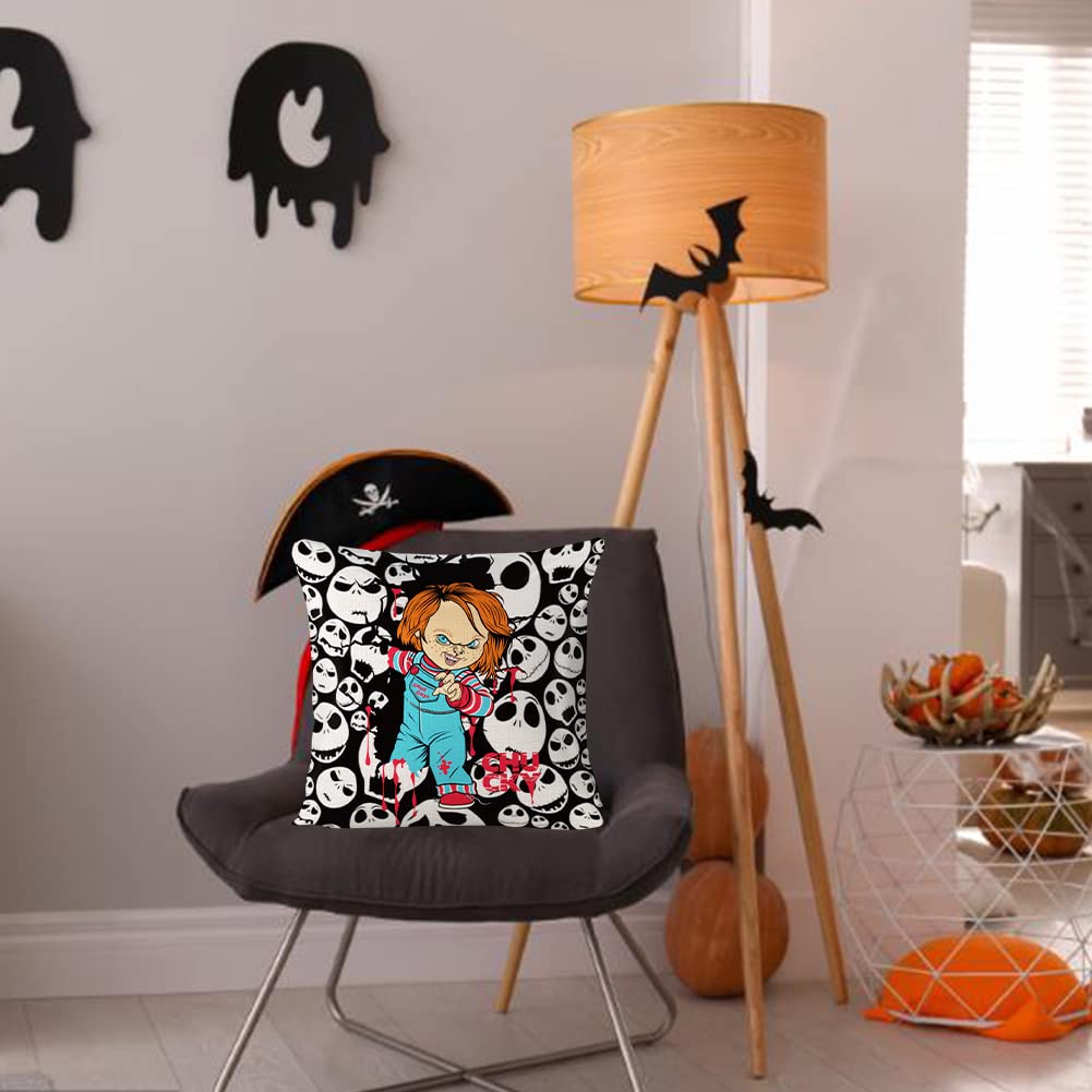Chucky Pillow Cover Classic Horror Movie Halloween Pillow Cover Creepy Pillowcase Horror Halloween Decorations Skeleton Skull Throw Cushion Cover Cotton Linen Pillowcase 18 x 18 Inch, No Pillow Insert