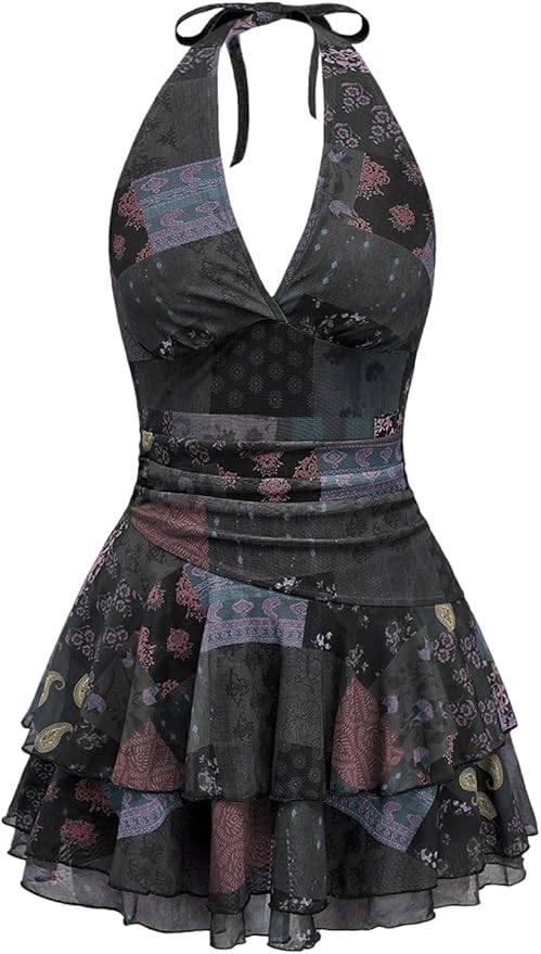 Verdusa Women's Embroidery Tie Back Halter Dress Boho Tiered Layered Flowy Dresses Western Cowgirl Outfits