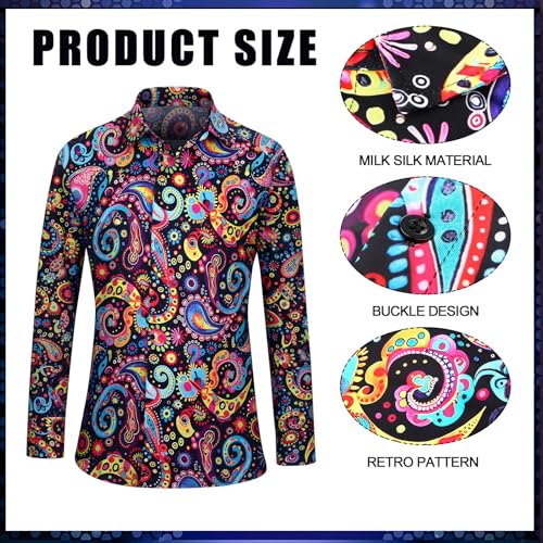 Mepase 6 Pcs Men 70s Disco Costumes Include Retro Shirt Bell Bottom Pants Wig Sunglasses Necklace Wig Cap for Disco Party